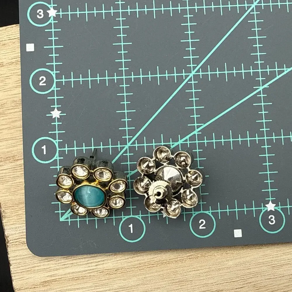 Crystal Halo Earrings Faux Turquoise Glass Cabochon Studs Southwestern Glam‎